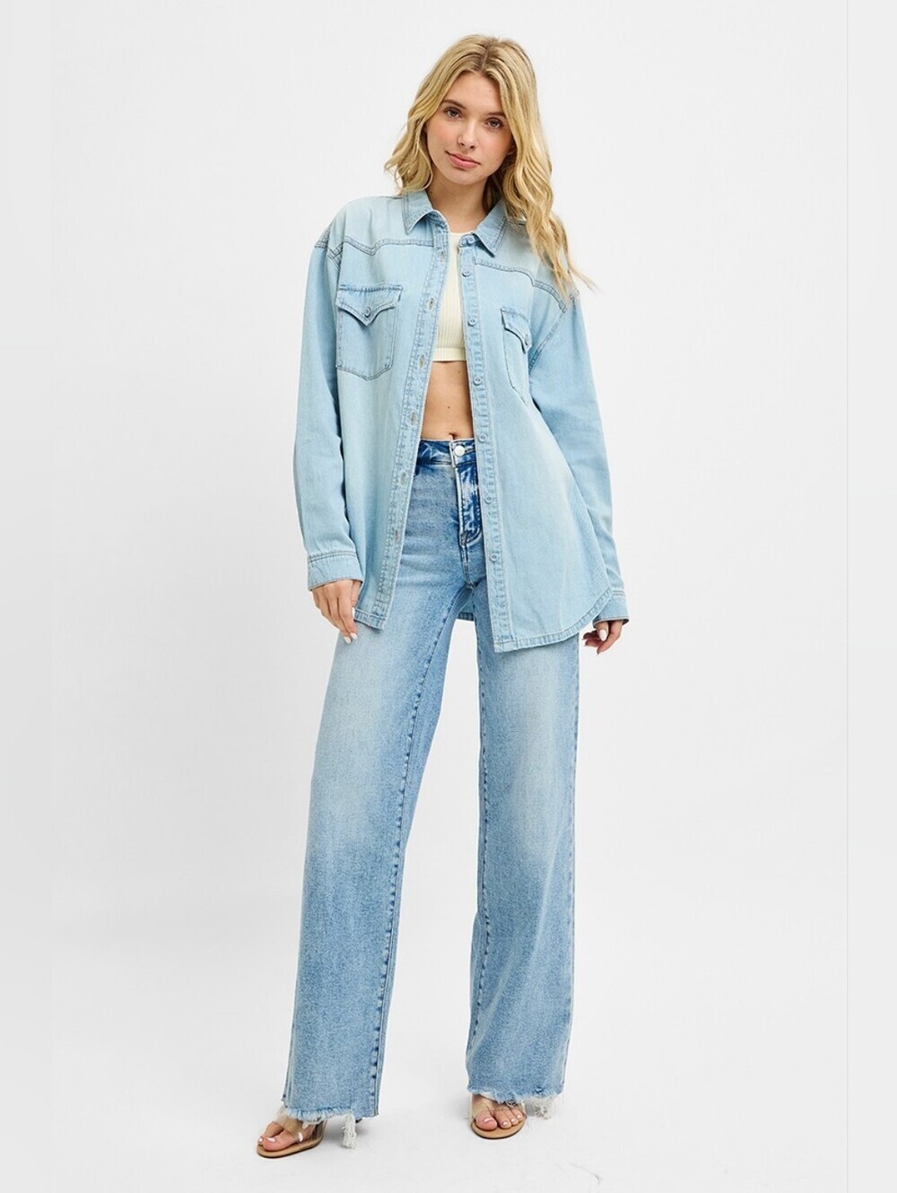 RISEN Light Wash Button Down Denim Shirt Shacket Relaxed Western Various NEW